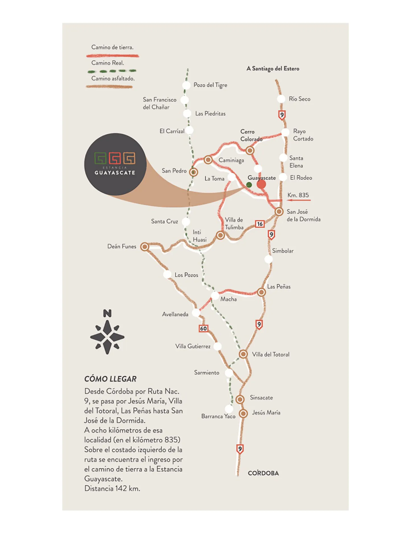 Mapa ilustrado del norte cordobés con la ubicación de Estancia Guayascate